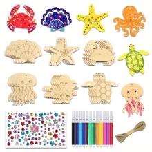 10pcs Unfinished Natural Wooden Sea Creature Pendants - Octopus, Starfish, Turtle, Crab - Ideal For Holiday Decor & Gifts, Perfect For Painting Or Staining, With Random Jute Rope Design