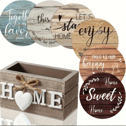 6pcs Farmhouse Coasters Set With Black Holders, Inspirational Quotes, Wooden Material, Handwash, Suitable For Home, Living Room, Study, Kitchen Decor, Perfect Gift For Coffee Lovers & Housewarming - Applicable For Christmas, Thanksgiving, Birthday