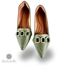 Women's Pointed Toe Talita Olive Green Elegant Business Office Buckle Flats - 橄欖綠 - 查看 3