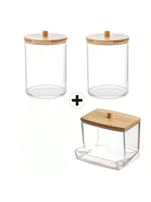 1 Set Acrylic Cleaning Swab Holder With Bamboo Lid, Clear Small Cleaning Swab Dispenser, Plastic Q-Tip Organizer, Toothpick Storage Box, Bathroom Cabinet Decorative Organizer, Includes 100 Bamboo Toothpicks
