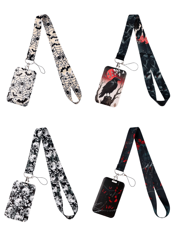 1pc ID Card Holder + 1pc Polyester Lanyard - Halloween Theme, Bat And Skull Design, ID Badge Holder, Suitable For Doctor/Nurse ID, Work Badge, Phone Lanyard, Back To School Gift