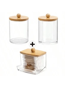 1 Set Acrylic Cleaning Swab Holder With Bamboo Lid, Clear Small Cleaning Swab Dispenser, Plastic Q-Tip Organizer, Toothpick Storage Box, Bathroom Cabinet Decorative Organizer, Includes 100 Bamboo Toothpicks