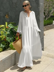 Elegancka sukienka damska w jednolitym kolorze w stylu boho z falbanką u dołu i skręconym przodem, z długim rękawem, jesienno-zimowa sukienka na wakacje, odpowiednia na Halloween i Boże Narodzenie - Biały - Zobacz 5