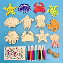 10pcs Unfinished Natural Wooden Sea Creature Pendants - Octopus, Starfish, Turtle, Crab - Ideal For Holiday Decor & Gifts, Perfect For Painting Or Staining, With Random Jute Rope Design