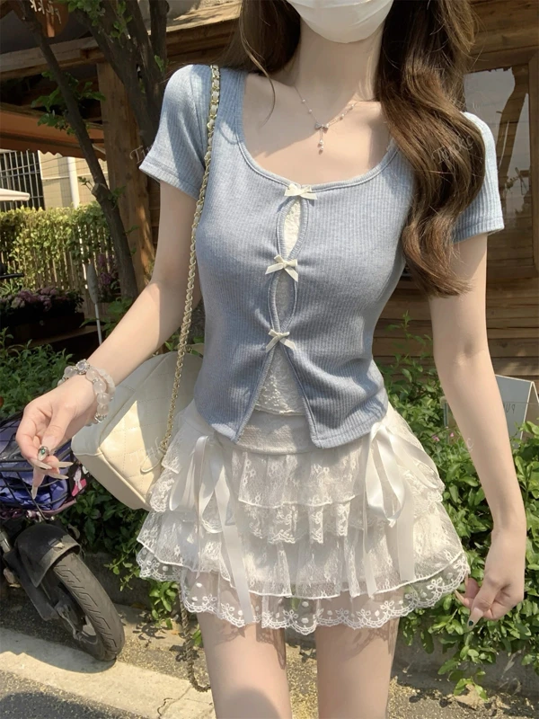 女式夏季蕾丝拼布二合一短袖 T 恤