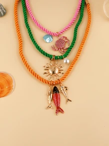 3 Stücke/1 Stück Boho Stil Halsketten Set für Frauen, Meereslebens-Charms mit Fisch, Sonne, Krabbenpendants an geflochtener Kette, mehrschichtige Gestaltung, modische Halskette für den Sommer