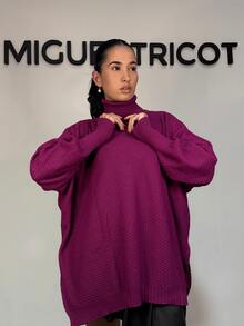 Women's Knitted Poncho High Neck Side Slit Fang Stitch Winter Fashion 2025 - Blackberry - View 2
