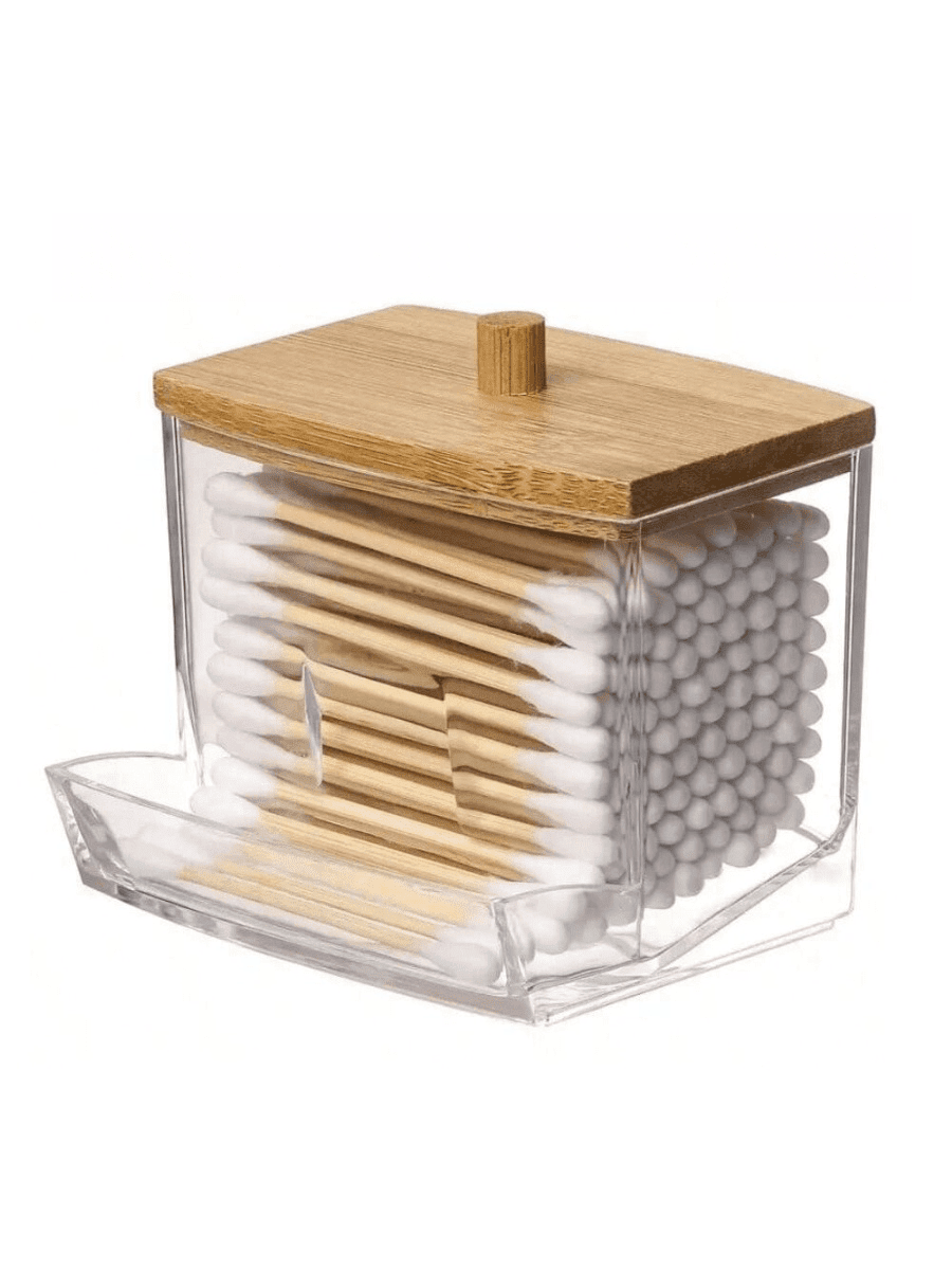 1 Set Acrylic Cotton Swab Holder With Bamboo Lid, Clear Small Cotton Swab Dispenser, Plastic Q-Tip Organizer, Toothpick Storage Box, Bathroom Cabinet Decorative Organizer, Includes 100 Bamboo Toothpicks