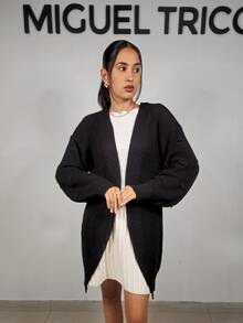 Women's Knitted Cardigan Open Knit Cold Coat Puff Sleeve Fang Stitch Winter Fashion 2025 - Black - View 2