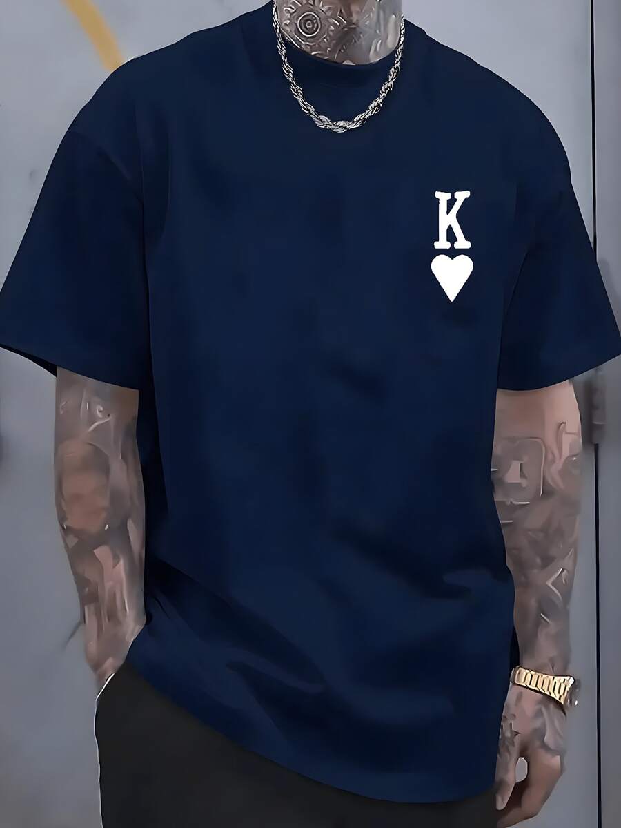 Stylish Letter Pattern Men's T-Shirt Sports Top (Printed Pattern), Summer Top Made Of Pure Cotton, Skin-Friendly And Comfortable, Suitable For Sports, Going Out And Wearing At Home, And Also Suitable For Couples. - 藍白色 - 查看 1