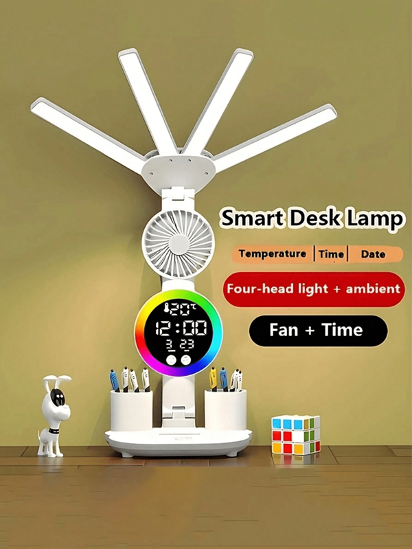Luminária de mesa LED com tecnologia de proteção ocular - Ventilador embutido, controle por toque, ajustável em vários ângulos, ideal para estudo em dormitórios e leitura de cabeceira, ideia de presente de Natal