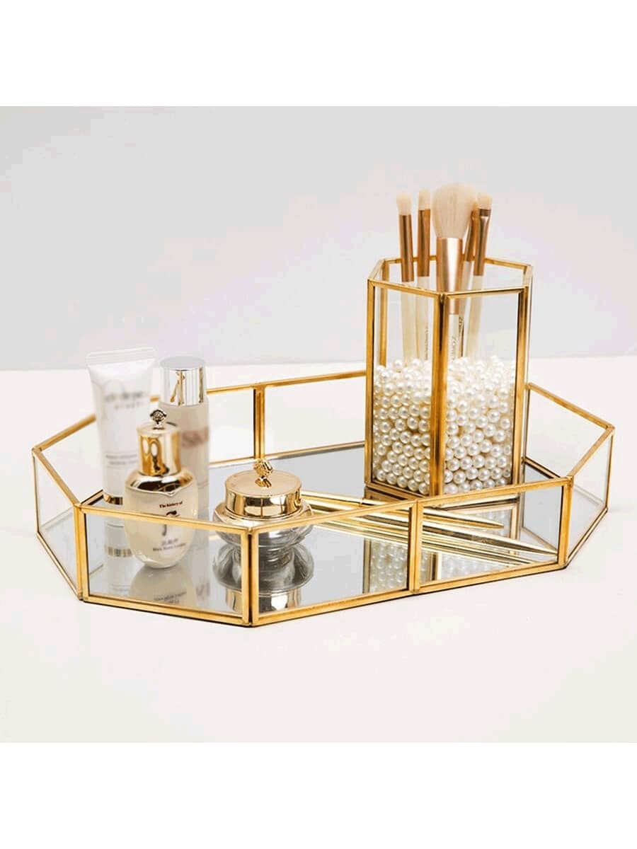 Bandeja de cristal poligonal organizadora de maquillaje, caja de almacenamiento de escritorio para joyas, cosméticos, soporte de exhibición