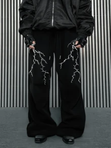 闪电印花直筒运动裤，宽松版型，男女通用，街头休闲，四季舒适 - 黑色 - 查看 1