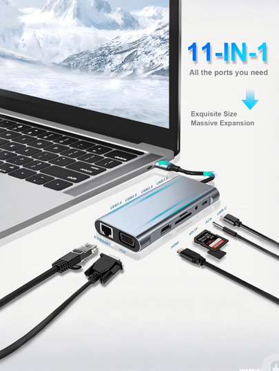 1pc 11-In-1 USB Hub, USB3.0 Computer Adapter Splitter, USB Charger, Network Port, Power Adapter, 5V 0.5A Charging Station, With SD/TF Card Reader, Type-C 3.1, PD 2.0/3.0 Fast Charging, Compatible With Laptops, Pro, IMac, IPad Pro And Other USB-C Devices