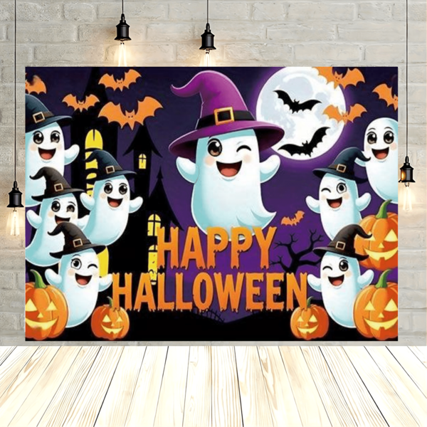 1pc, Happy Halloween Background Fabric, Polyester Fabric, Cute Ghost Characters, Jack Lanterns, Flying Bats, And A Haunted House Under The Moonlight As The Background Design, Suitable For Halloween Party Decoration And Children's Ghost Celebration Activities