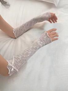 半双装女士时尚蕾丝荷叶边洛丽塔蕾丝手套，黑白网纱蝴蝶结袖套，露指手套，薄网纱防晒袖套，角色扮演配饰