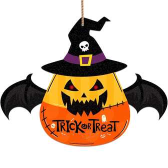 Panneau de porte suspendu d'Halloween, Décoration de chauves-souris, Citrouille Trick Or Treat, Couronne de bienvenue pour la décoration d'Halloween à la maison et pour la fête