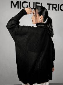 Women's Knitted Poncho High Neck Side Slit Fang Stitch Winter Fashion 2025 - 黑色 - 查看 4