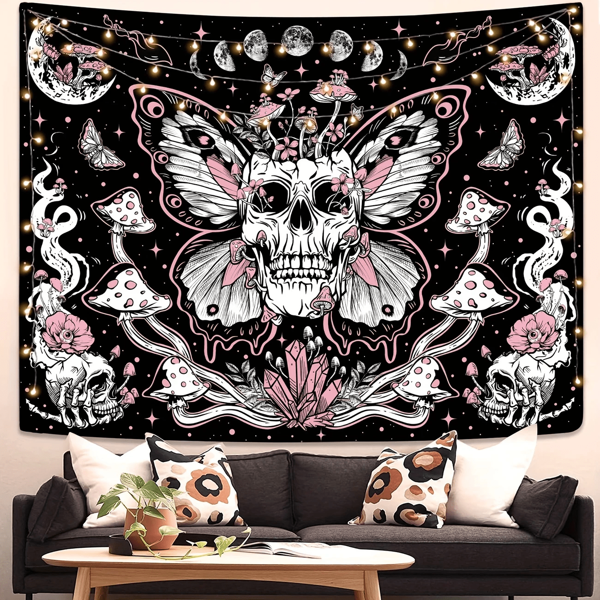 1 stuk 2D schedelbloementapijt, paddenstoelschedel in gotische tuinstijl, esthetische wandhanger voor in de slaapkamer