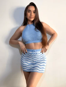 TRICOT PREMIUM Crochet Top Skirt Set Beach Casual Knitwear Beachwear Beach Vacation - Xanh và trắng - Xem 2