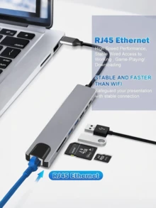 1 pieza Hub USB 8 en 1, base USB de oficina, adaptador USB 3.0 para computadora, cargador USB, adaptador de corriente, accesorios para computadora y móviles, estación de carga USB de 5V 0.5A, con lector de tarjetas SD/TF, Type C 3.1, carga rápida PD 2.0/3.0, compatible con laptops, Pro, iMac, iPad Pro y otros dispositivos USB-C - Plateado - Ver 9