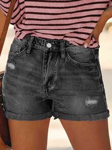 Quần short denim ống rộng dáng rộng phong cách đường phố thường ngày dành cho nữ mùa hè. - Màu xám đen - Xem 4