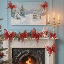 1/6/12PCS Artificial 15cm Plants With Fake Butterfly Pendant ,Sparkling Glitter Christmas Decorations For Festival Wedding Party Home Indoor Dining Table,Room,Bedroom Decoration, Gift, Wreath, Rattan Diy Decoration Accessories,Christmas Tree And Christmas Plant Decor Home Decor