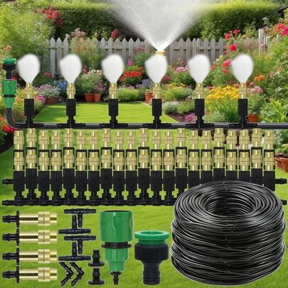 温室滴灌套件自动灌溉系统，带黄铜喷嘴和灌溉软管，用于露台，喷雾植物浇水，带空白分配管软管