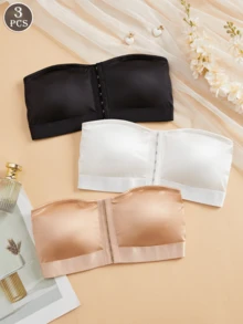 3PCS Women's Multi-Row Button Front-Fastening Strapless Bodysuit, Open-Front Lingerie, Comfortable Wireless, Plain And Simple Seamless Bra Lingerie - Multicolor - View 8