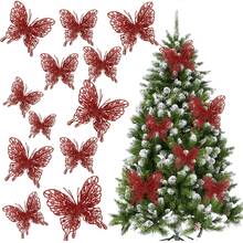 1/6/12PCS Artificial 15cm Plants With Fake Butterfly Pendant ,Sparkling Glitter Christmas Decorations For Festival Wedding Party Home Indoor Dining Table,Room,Bedroom Decoration, Gift, Wreath, Rattan Diy Decoration Accessories,Christmas Tree And Christmas Plant Decor Home Decor