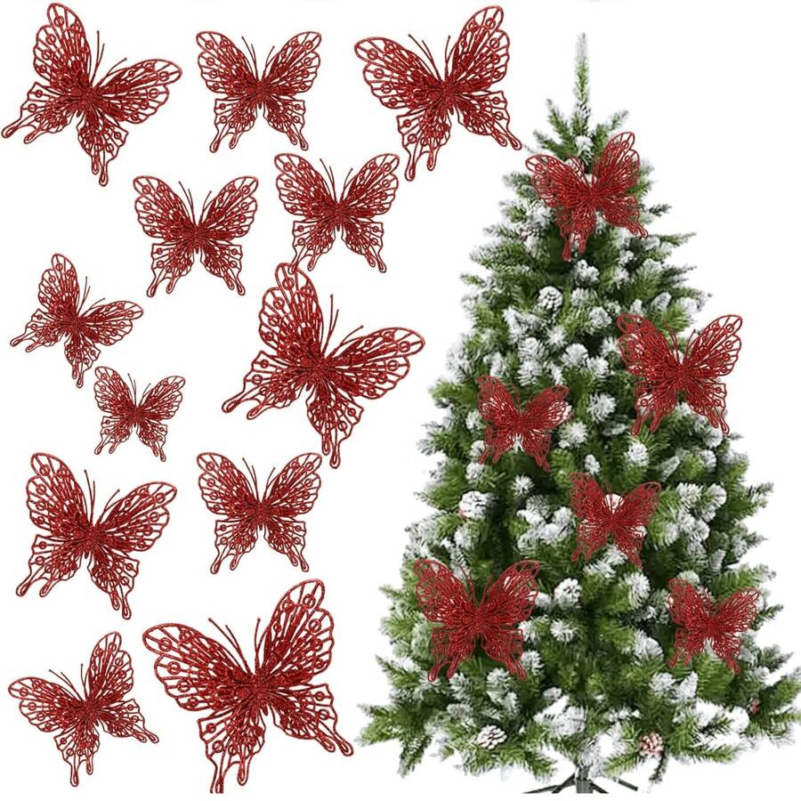1/6/12PCS Artificial 15cm Plants With Fake Butterfly Pendant ,Sparkling Glitter Christmas Decorations For Festival Wedding Party Home Indoor Dining Table,Room,Bedroom Decoration, Gift, Wreath, Rattan Diy Decoration Accessories,Christmas Tree And Christmas Plant Decor Home Decor