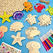 10pcs Unfinished Natural Wooden Sea Creature Pendants - Octopus, Starfish, Turtle, Crab - Ideal For Holiday Decor & Gifts, Perfect For Painting Or Staining, With Random Jute Rope Design