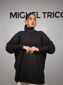Women's Knitted Poncho High Neck Side Slit Fang Stitch Winter Fashion 2025 - 黑色 - 查看 5