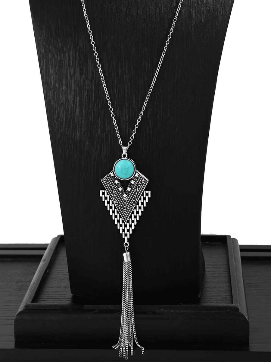 TopHanqi 1 件复古风格银色绿松石镶嵌吊坠项链，适合女士，适合日常佩戴、派对、聚会、约会的多功能配饰 - 復古銀色 - 查看 1