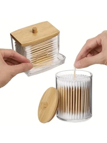 1 Set Acrylic Cleaning Swab Holder With Bamboo Lid, Clear Small Cleaning Swab Dispenser, Plastic Q-Tip Organizer, Toothpick Storage Box, Bathroom Cabinet Decorative Organizer, Includes 100 Bamboo Toothpicks