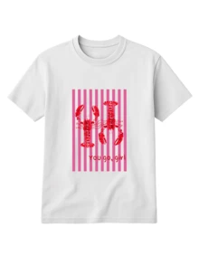Traje de mujer de camisa holgada de manga corta con estampado de langosta casual de ropa de mujer de verano con camiseta gráfica, vacaciones, ropa de mujer de verano, blusas de punto - Blanco - Ver 3
