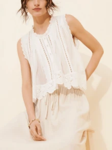 Women's Boho White Scallop Tank Top Lace Eyelet Embroidered Button Front Top Sleeveless Round Neck Loose Crop Top Summer Y2k Casual Going Out Top Beach Streetwear - 白色 - 查看 3