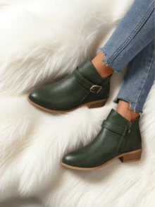 女士现代简约高品质绿色真皮踝靴,秋冬季百搭英伦风尖头踝靴,秋冬季女士侧拉链金属扣踝靴,欧美网红踝靴,坡跟,适合秋季、冬季、大学/度假风格穿着 - 墨綠色 - 查看 2