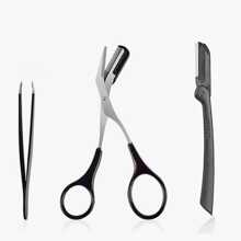 3-In-1 Eyebrow Scissors Kit,For Personal Facial Hair Removal,Multifunctional Ms. Exfoliating Beauty Tool,Including;Eyebrow Comb Scissors, Hair Removal Tweezers,Eyebrow Razor(Black),Makeup,Cheap,Room Decor,Vanity,Travel,Bedroom,Makeup Accessories,Tweezers