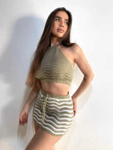 TRICOT PREMIUM Crochet Top Skirt Set Beach Casual Knitwear Beachwear Beach Vacation - 卡其色 - 查看 2