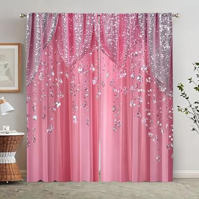 2pcs Bohemian Style Pink Sequin Printed Curtains - Lightweight Polyester, Rod Pocket Design For Easy Hanging, Semi-Sheer With Delicate Sequin Details, Great For Decorating Living Room, Bedroom, Game Room And Party Supplies