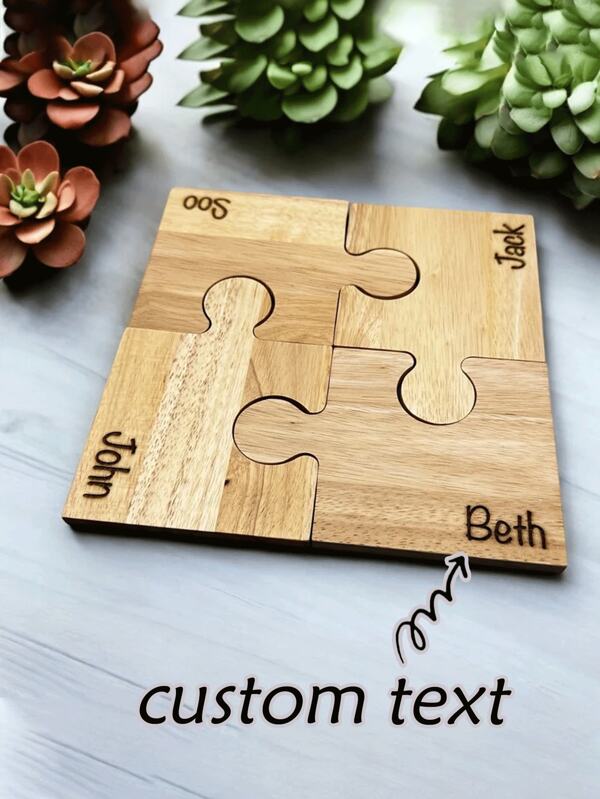 4 pièces personnalisées en bois et éponge. Ensemble de 4 pièces de puzzle en éponge personnalisé. Noyer massif. Cadeau pour anniversaire/pendaison de crémaillère. Personnalisez le nom pour créer des cadeaux uniques pour le mariage, l'anniversaire, l'anniversaire. Cadeaux chaleureux pour Noël, Thanksgiving, la Fête des enseignants, pour la famille