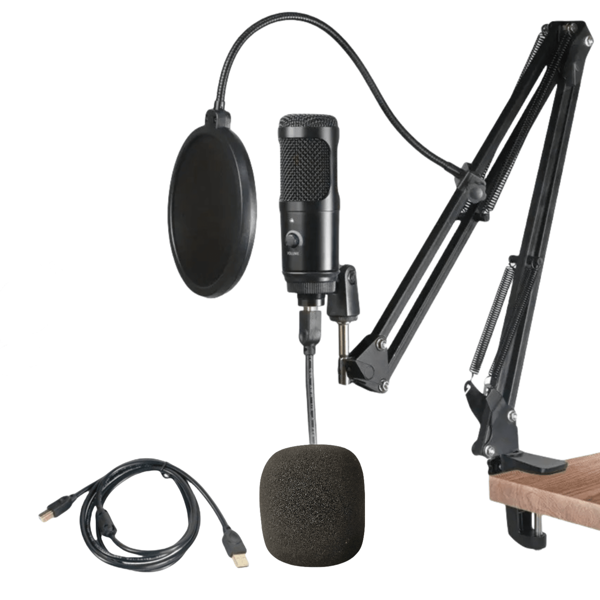 Podcast Live Streaming Condenser Microphone Kit With Stand, Metal Design, USB Plug-In. Voice Recognition Condenser Microphone With Noise Cancellation. Suitable For Computer Microphones, Video Conferencing, Music Production, Streaming, Voice-Over, Gaming And More. Durable And Simple Design.