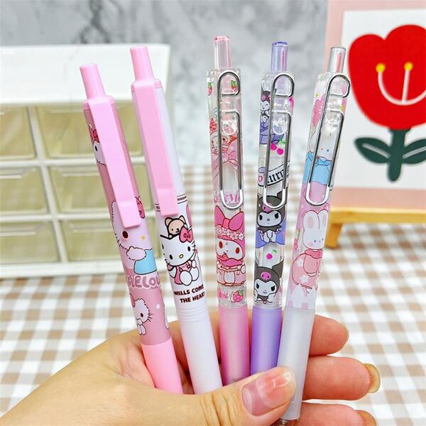 Sanrio Sanrio Hello Kitty 1 pieza/set de 3 piezas/set de 3 piezas Bolígrafos de tinta negra de 0.5 mm con agarre de secado rápido y estampado de gato y flores, estilo chica, útiles escolares y de oficina