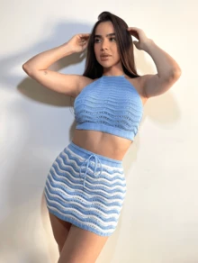 TRICOT PREMIUM Crochet Top Skirt Set Beach Casual Knitwear Beachwear Beach Vacation - Xanh và trắng - Xem 1