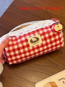 Sanrio 1个红色格子可爱Hello Kitty猫咪铅笔盒（不含苹果吊坠）。大容量铅笔盒。便携式设计，可作女生化妆包。学生文具。学生铅笔盒。开学季礼物。