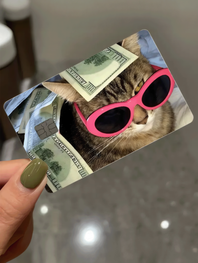1 Stück Kredit-Karten-Dekorations-Aufkleber mit reichem Katzenmotiv, rosa Sonnenbrille und US-Dollar, PVC-Karten-kreative personalisierte ultradünne coole kratzfeste und reibungsbeständige Kreditkartenschutzfolie, hochwertige Qualität