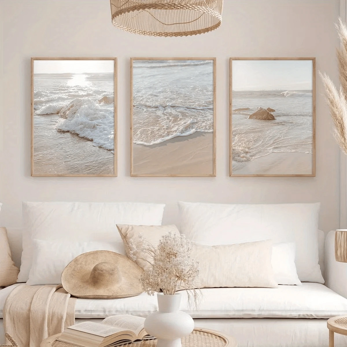 3 Stücke Boho-Stil neutrale Farbe Strand- und Küstenlandschaft Leinwanddrucke, Ozean Poster, moderne Kunst, Sonnenuntergang Strand Drucke, Natur Szenerie Wanddekoration, Heimdekoration, Schlafzimmer Wohnzimmer Flur, Wandkunst - Beige - Übersicht 1