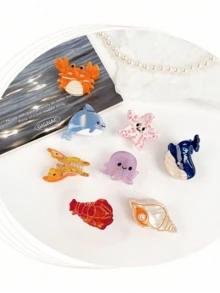 1/8pcs Cute Small Size Ocean Themed Hair Clip - Seashell, Shrimp, Dolphin, Adorable Hair Accessories For Vacation Photos & Bangs, For Women Beauty Claw Clips Cute Hair Claw Fall Winter - Multicolor - View 5