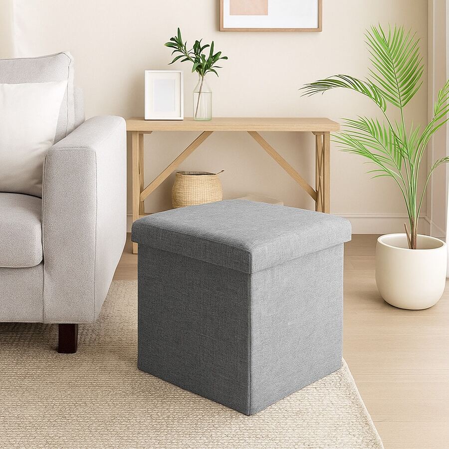 Taburete organizador de lino, plegable, con compartimento interno y tapa acolchada - Gris Oscuro - Ver 1